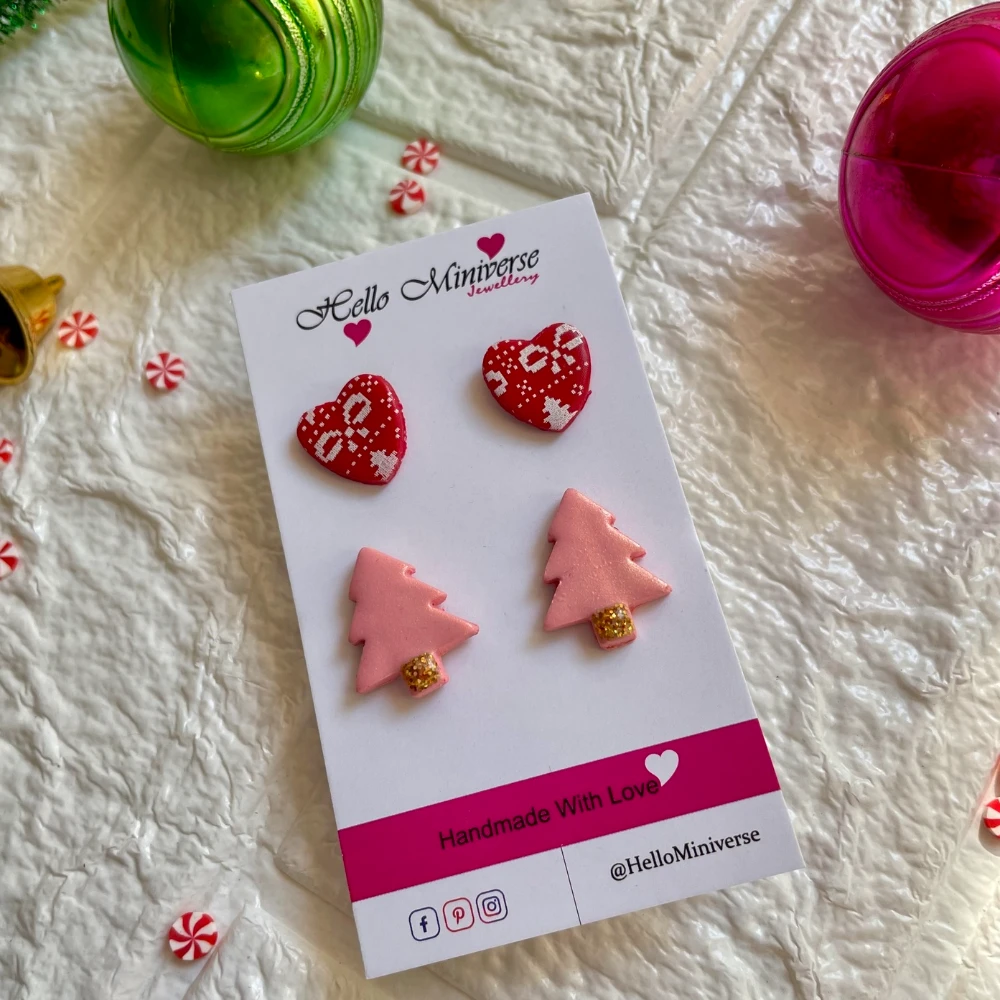 Miniature Christmas trees earrings with hearts hook stud