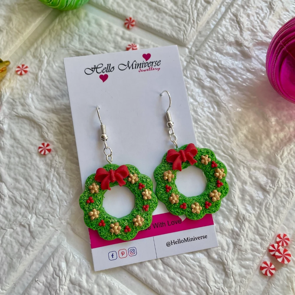Miniature Wreath & Bow Dangle Earrings