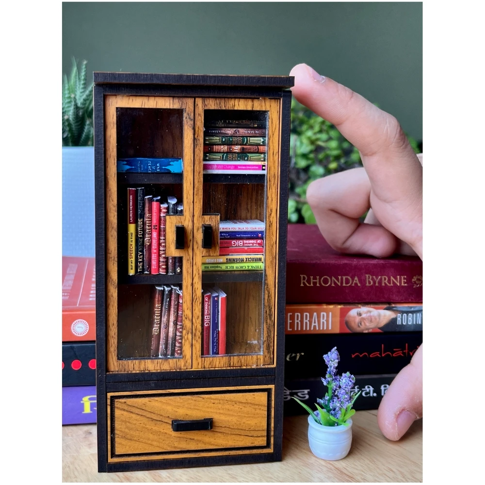 Miniature Natural Teak Wooden Library Bookshelf