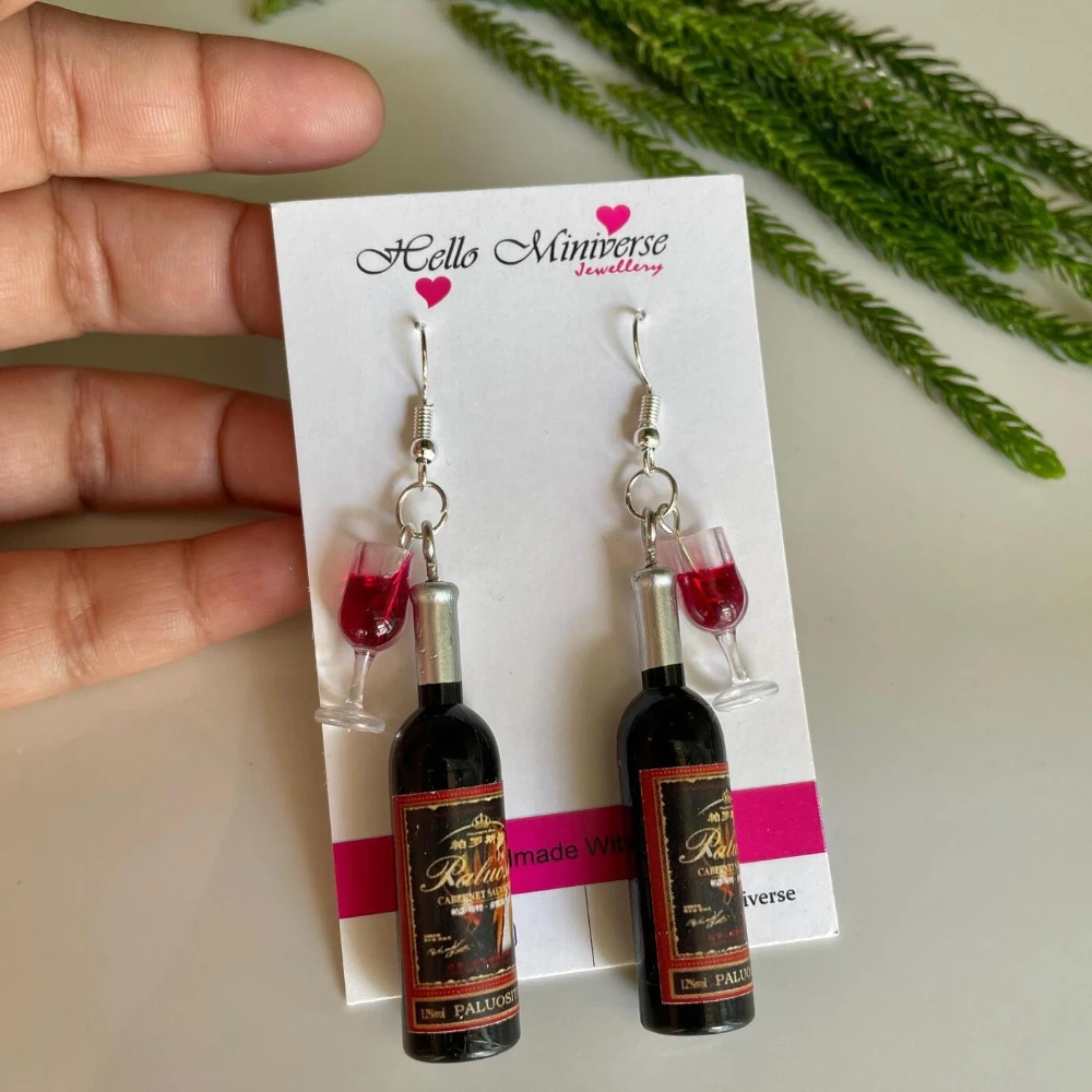 Miniature Red Wine With Glass Cork Earrings