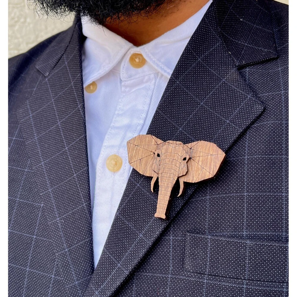 Miniature Wooden Elephant Logo Brooch