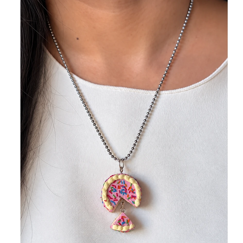 Miniature Pink Frosted Cake Slice Necklace