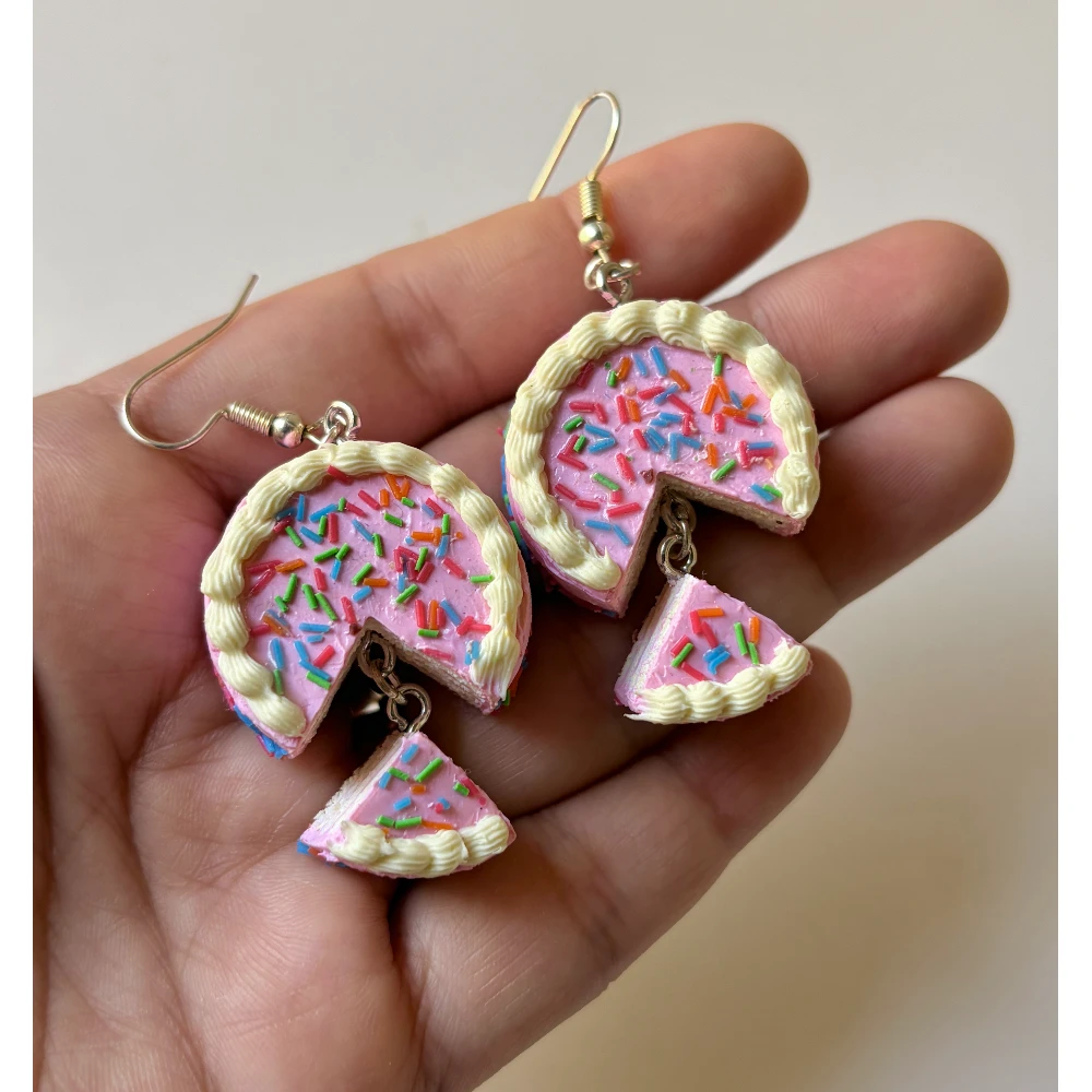 Miniature Pink Frosted Cake Slice Earrings