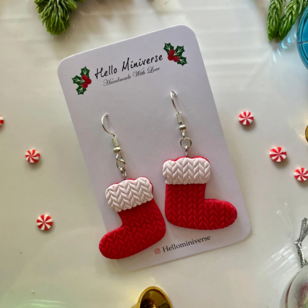 Minature Christmas red socks enamel drop earrings