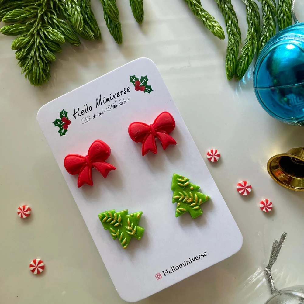 Miniature Christmas Bow Stud With Tree Earrings