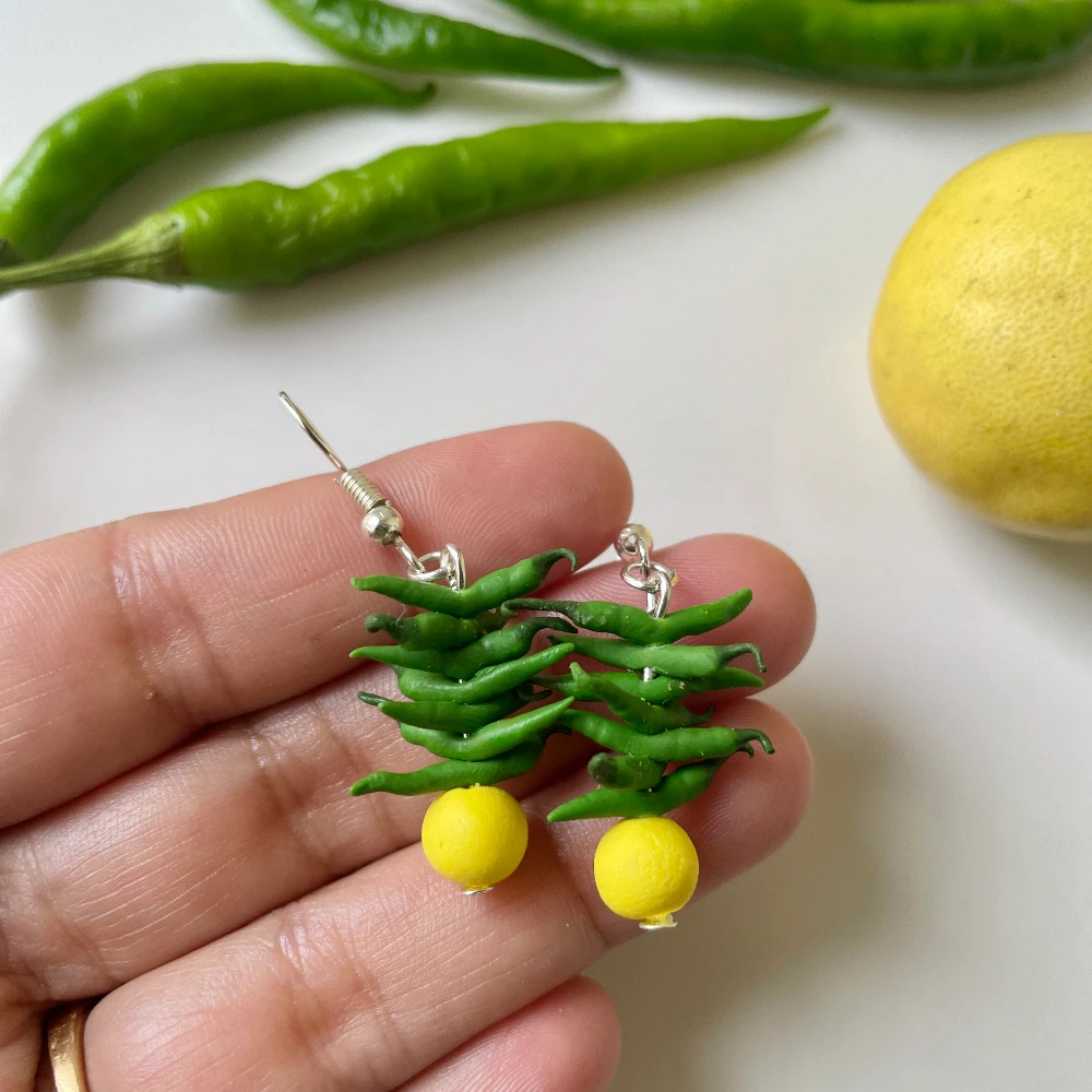 Miniature Nimbu Mirchi Nazar Battu Earrings