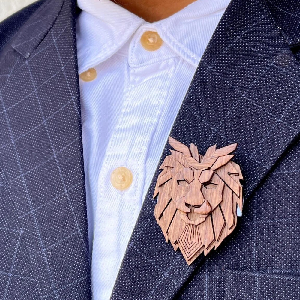 Miniature Wooden Lion Logo Brooch