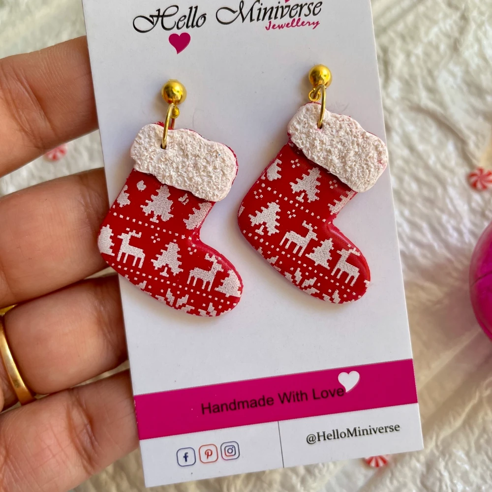 Minature Christmas red socks enamel drop earrings