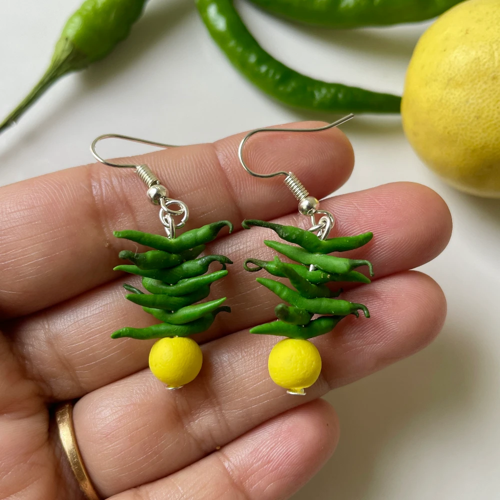 Miniature Nimbu Mirchi Nazar Battu Earrings