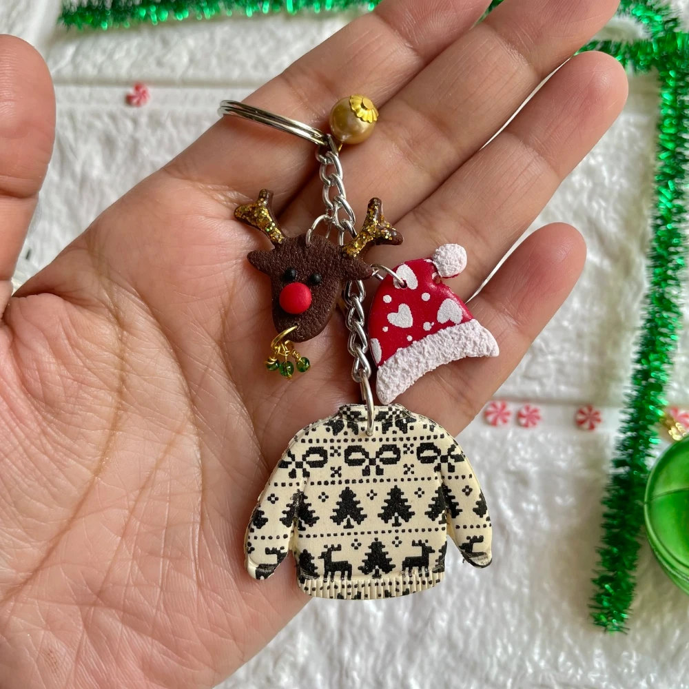 Miniature Jumper Oat Meal Statement With Santa hat Keychain