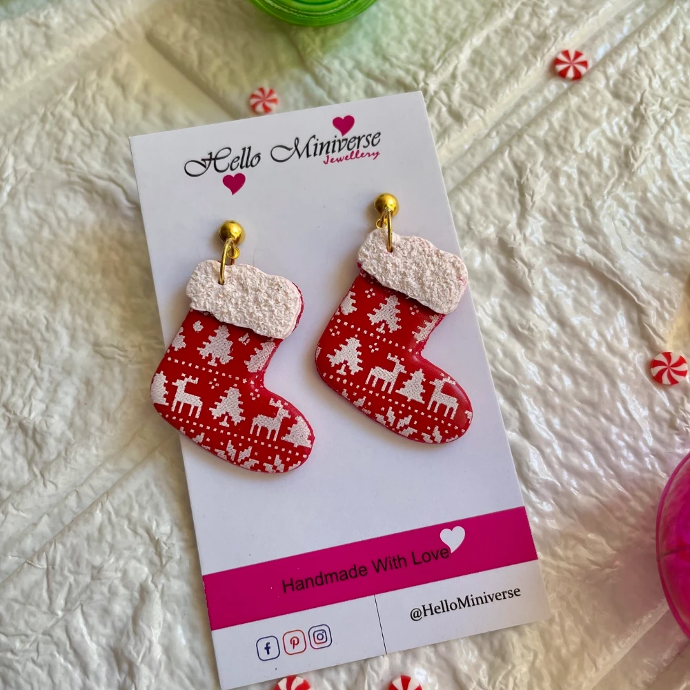 Minature Christmas red socks enamel drop earrings