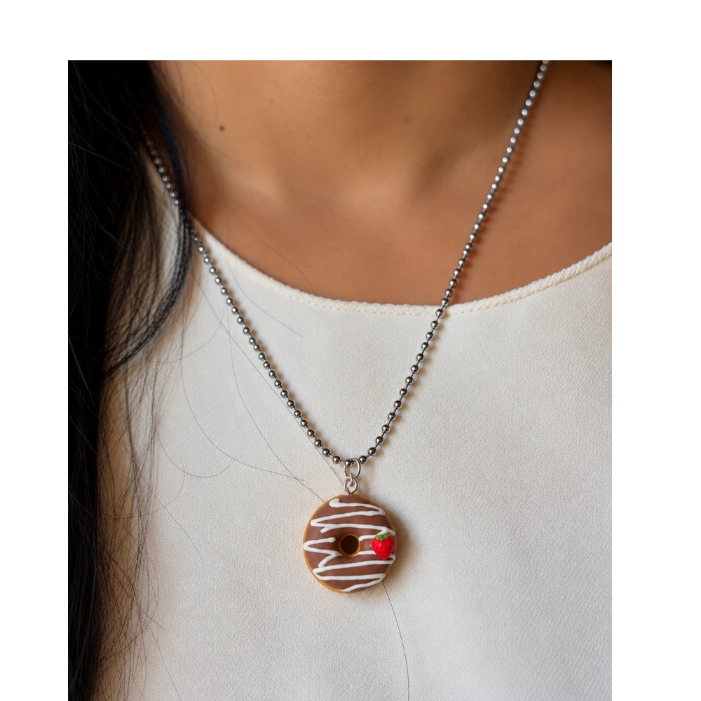 Miniature Chocolate Strawberry Donut Necklace