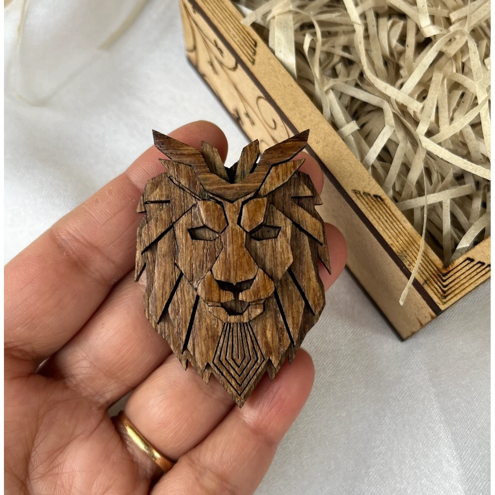 Miniature Wooden Lion Logo Brooch