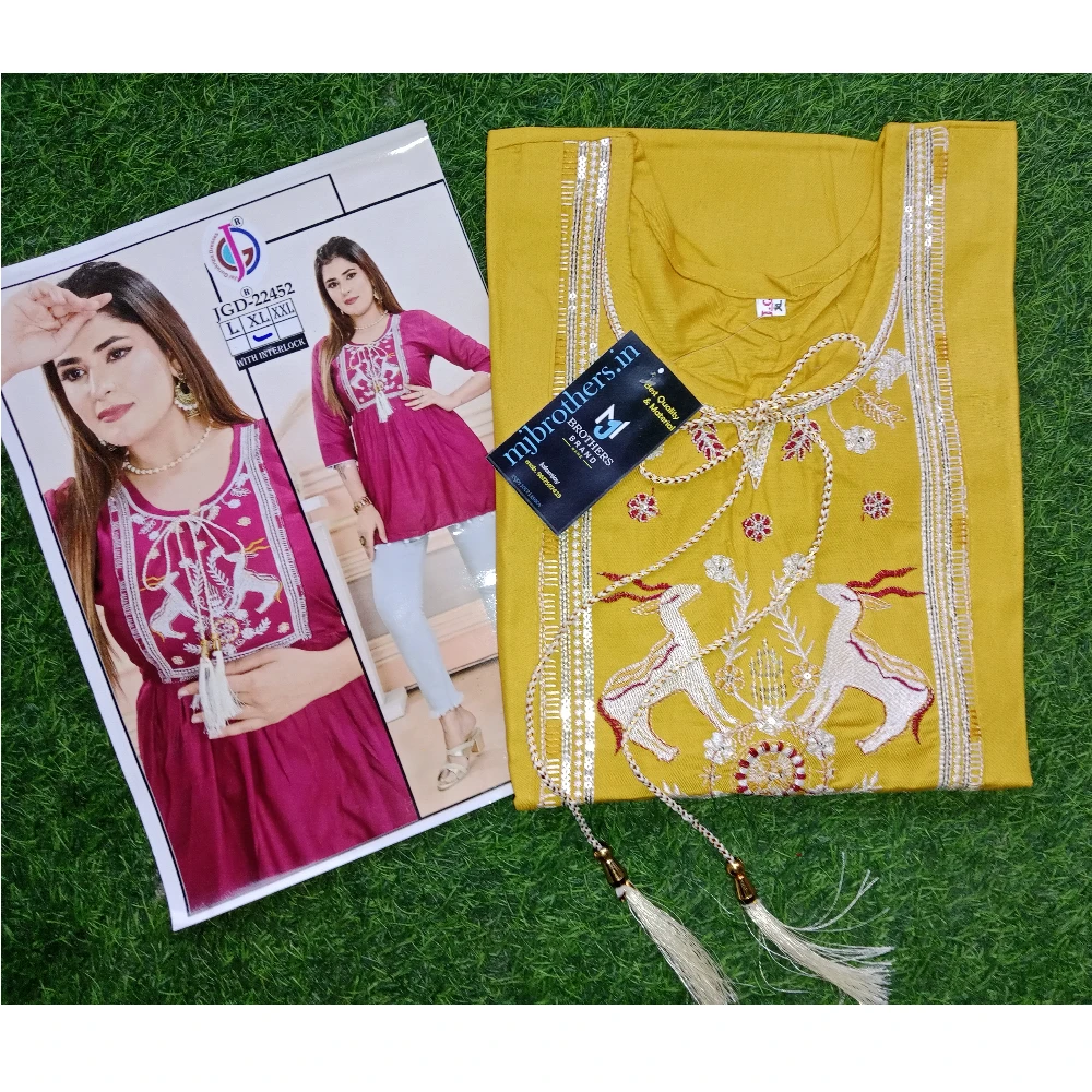 Short kurta trending round pattern cotton fabric (yellow)