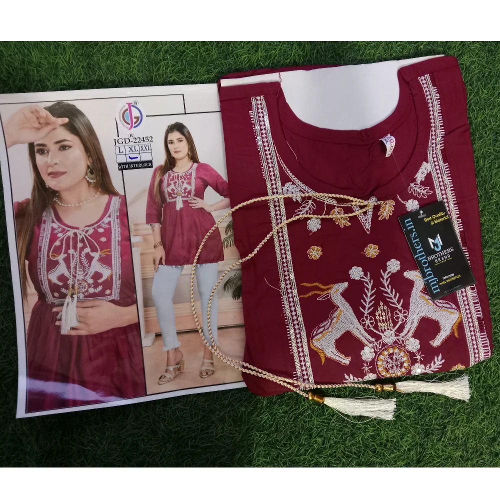 Short kurta trending round pattern cotton fabric (Wine)