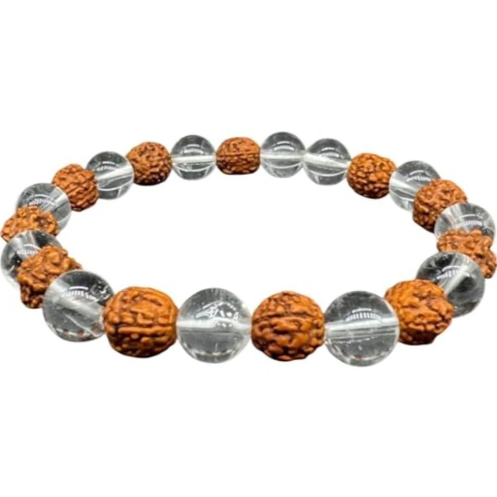 Agatesvibe Premium Sphatik & 5 Mukhi Rudraksha Bracelet | Energized Crystal & Spiritual Beads Stretchable Unisex Bracelet (Pack of 1)