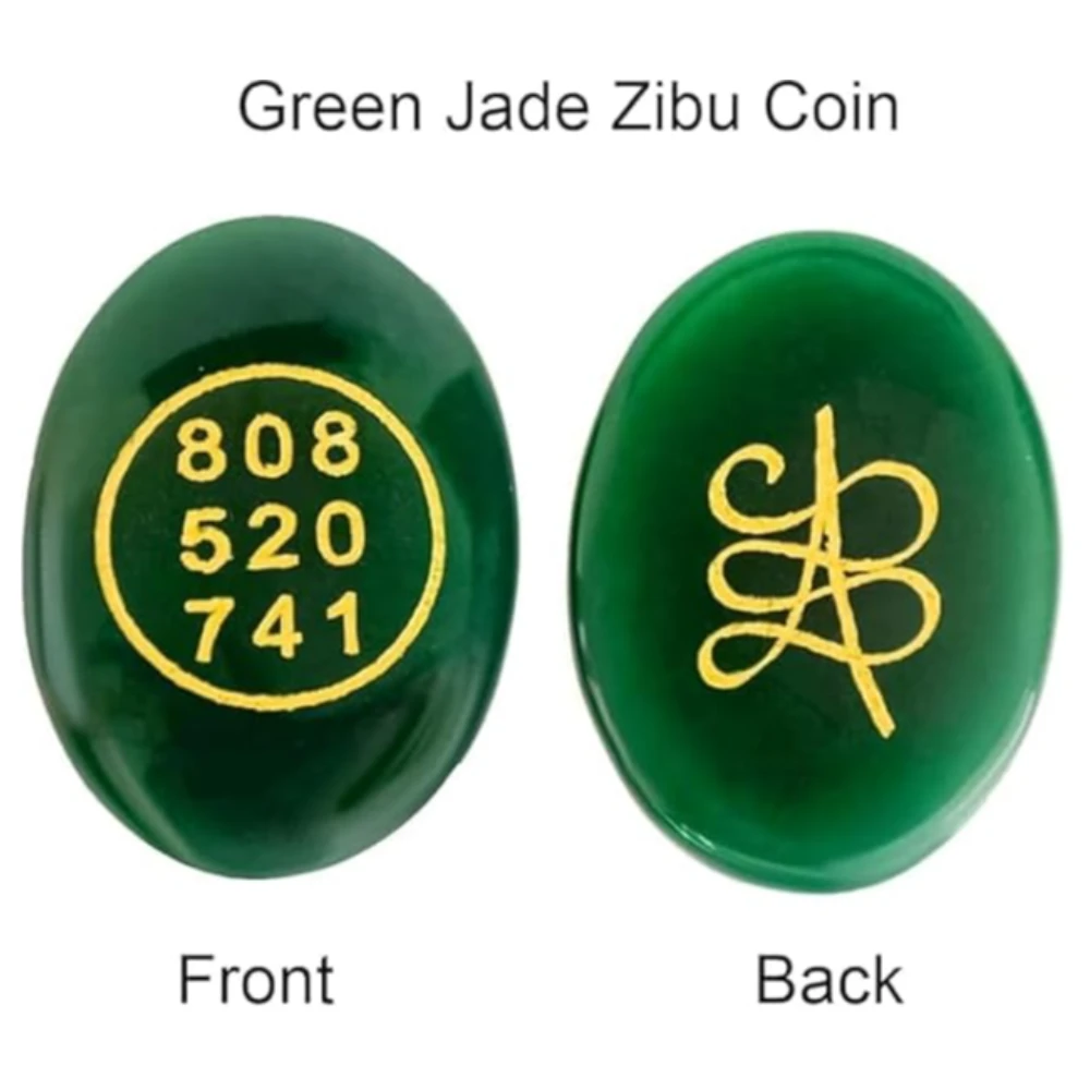 Agatesvibe Certified Green Jade Zibu Symbols – Pre-Energized Healing Aventurine Crystal for Luck, Abundance, Chakra Balance, Money & Manifestation – 808 520 741 Energy Coin