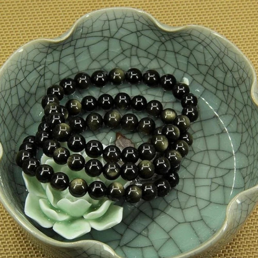 Agatesvibe Handmade Gem Semi-Precious Gemstone 8mm Round Beads Stretch Bracelet – 7" Unisex (Pack of 1) (Golden Obsidian)