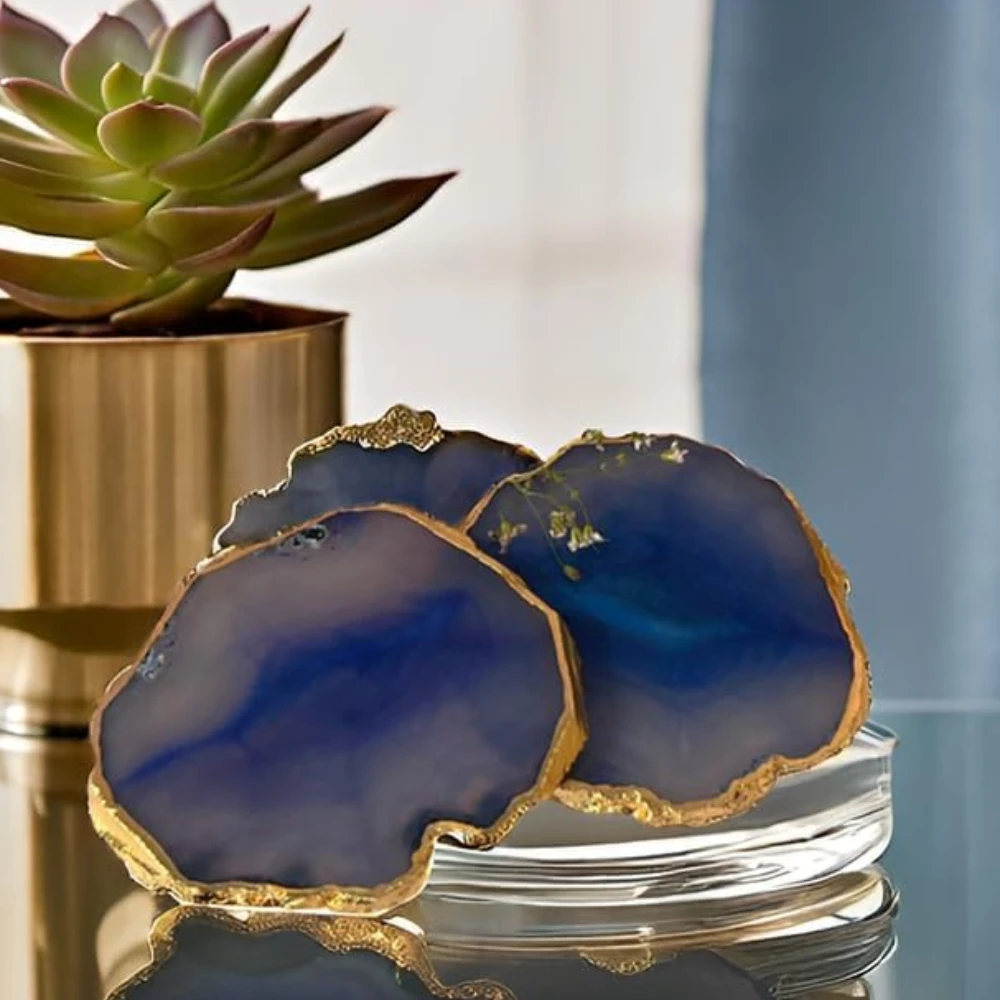 Agatesvibe Brazilian Agate Stone Coaster Beautiful Coaster Fit for Tea Cups Coffee Mugs and Glasses Perfect Table Accessories Tableware (Pack of 1) (Blue Agate Set of 2)