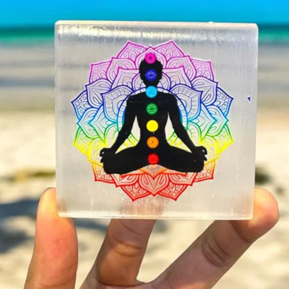 Agatesvibe Handcrafetd Natural Selenite Charging Plate in Round Shape with Engraved Symbol of Charkras Selenite Charging Plate for Postive Energy and Charger (7 Charkras Plate)