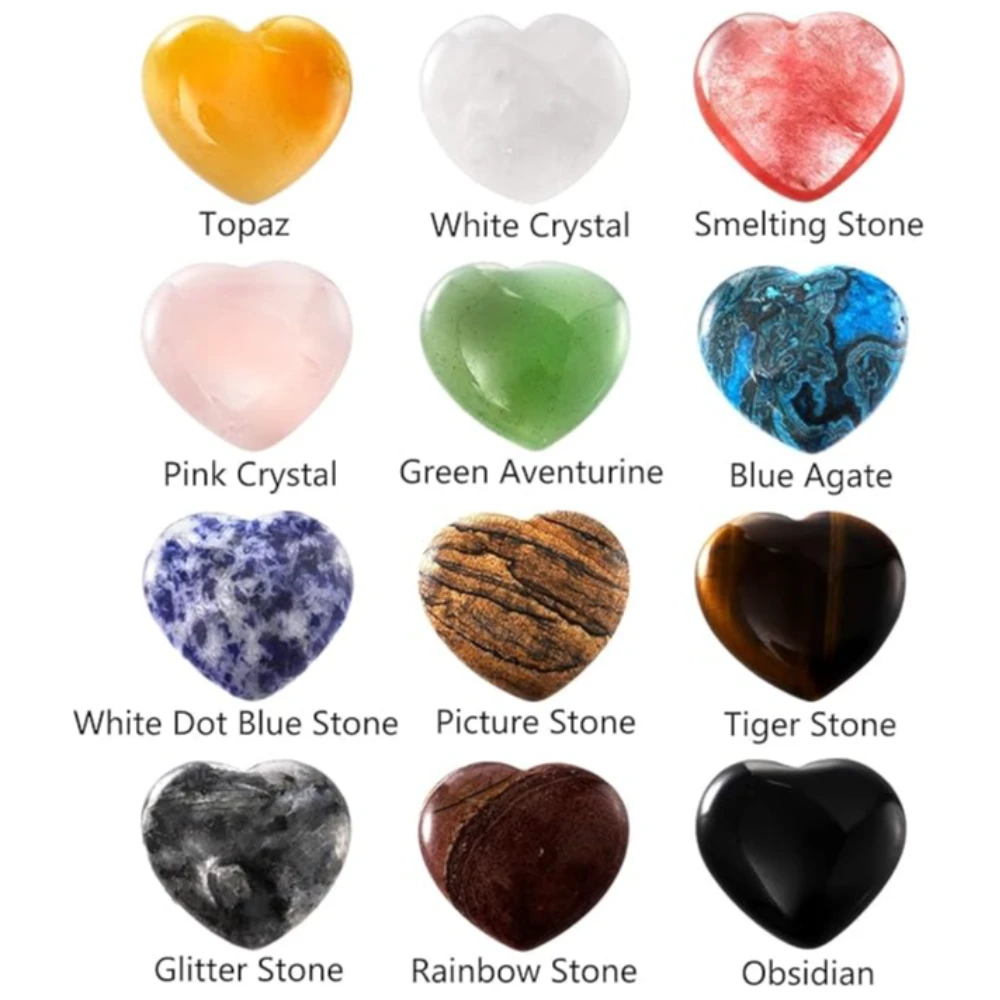 Agatesvibe 12 Pcs 1 Inch Heart Shaped Stones, Natural Heart Love Worry Stones, Chakra Healing Crystal Set for Balancing Reiki Healing Meditation Massage Energy Yoga and Decoration, 12 Colors