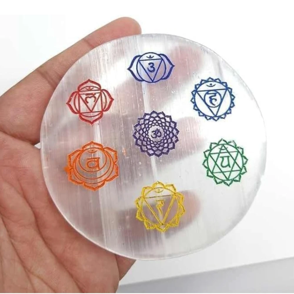 Agatesvibe Selenite Seven Chakra Natural Selenite Crystal Charging Plate | Hand-Carved Chakra Symbols | Crystal Charging, Cleansing & Recharging (Pack of 1)