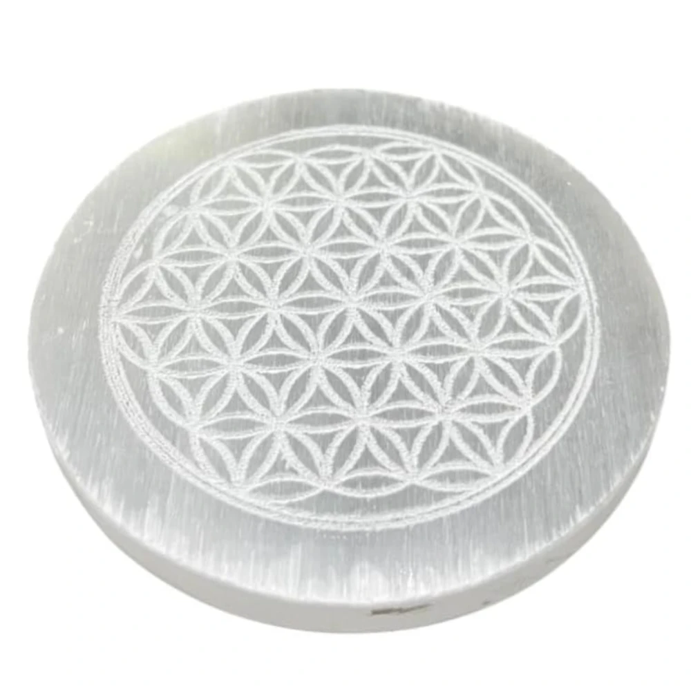 Agatesvibe Selenite Crystal Charging Plate – Engraved Sri Yantra Selenite Plate for Crystal Cleansing, Energy Recharging, & Pooja Rituals (Pack of 1) (Goddess, 3 Inch)