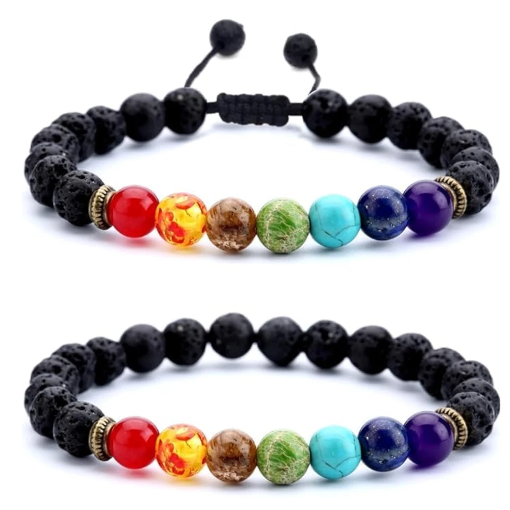 Agates Vibe 8mm Lava Rock Lava Rock 7 Chakra Beads Bracelet for Men & Women – Braided Rope Agate Stone Healing Energy Bangle (2 Pcs Set)