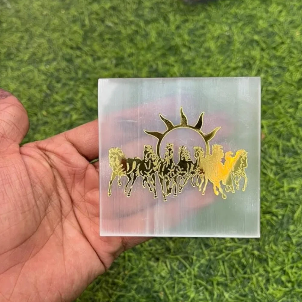 Seven Running Horses Vastu 3-4 Inch with Golden Artwork on Selenite-Style Crystal Plate | Symbol of Success Money Growth & Positive Energy | Elegant Home Office Decor Gift for Good Fortune