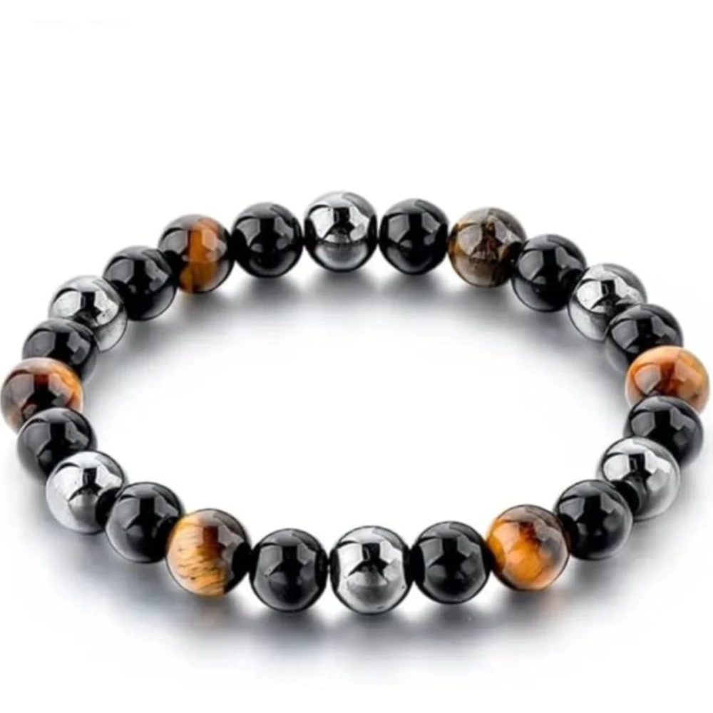 Agatesvibe Triple Protection Bracelet, Genuine Tigers Eye Black Obsidian and Hematite 8mm Beads Bracelet for Men Women, Crystal Jewelry Healing Bracelets Bring Luck and Prosperity and Happiness