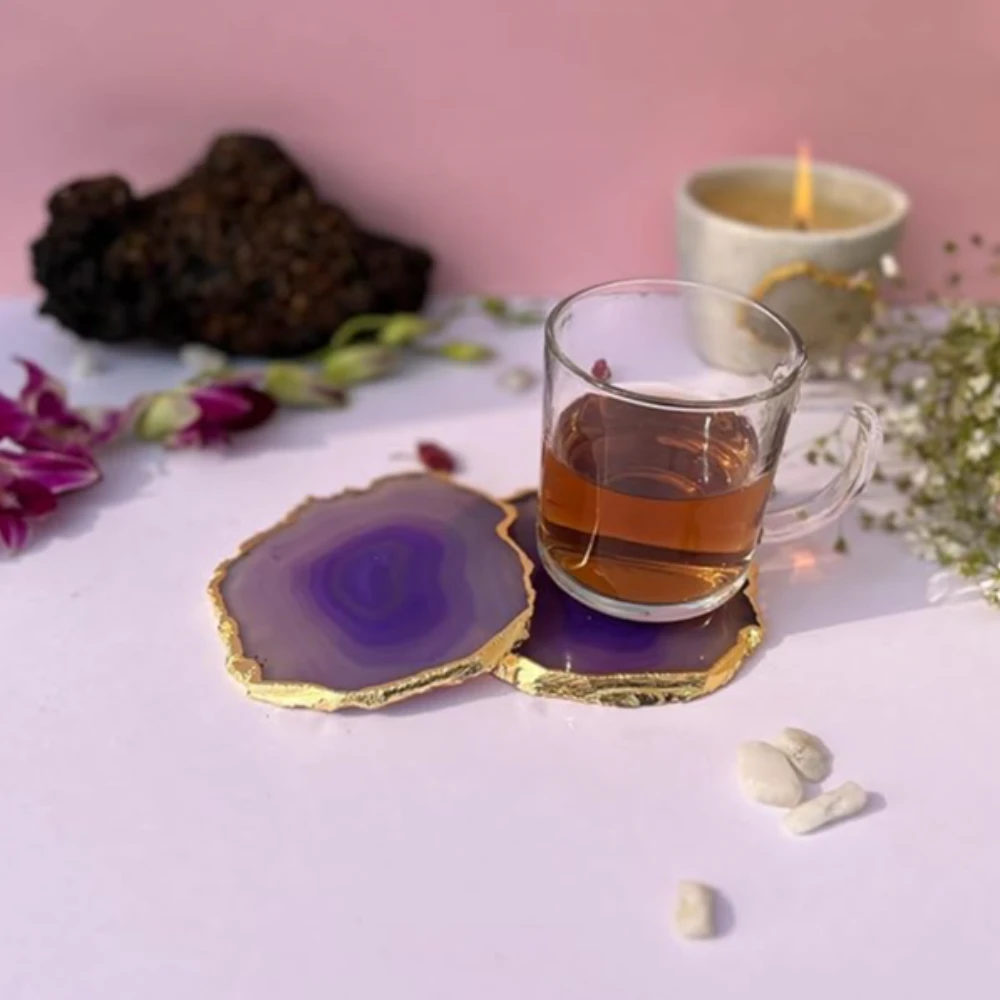 Agatesvibe Brazilian Agate Stone Coaster Beautiful Coaster Fit for Tea Cups Coffee Mugs and Glasses Perfect Table Accessories Tableware (Pack of 1) (Purple Agate Set of 2)