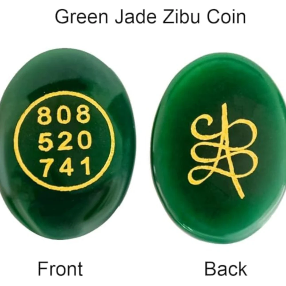 Agatesvibe Certified Green Jade Zibu Symbols – Pre-Energized Healing Aventurine Crystal for Luck, Abundance, Chakra Balance, Money & Manifestation – 808 520 741 Energy Coin