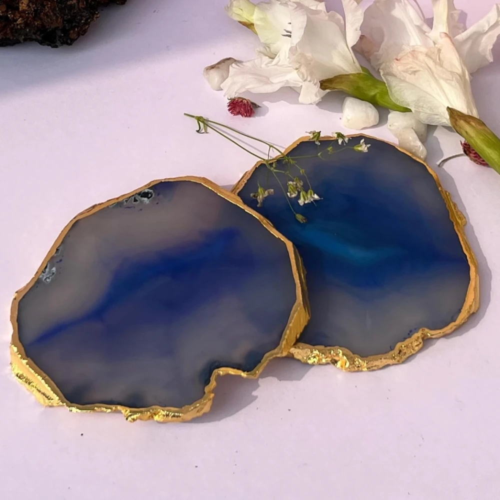 Agatesvibe Brazilian Agate Stone Coaster Beautiful Coaster Fit for Tea Cups Coffee Mugs and Glasses Perfect Table Accessories Tableware (2, Blue)