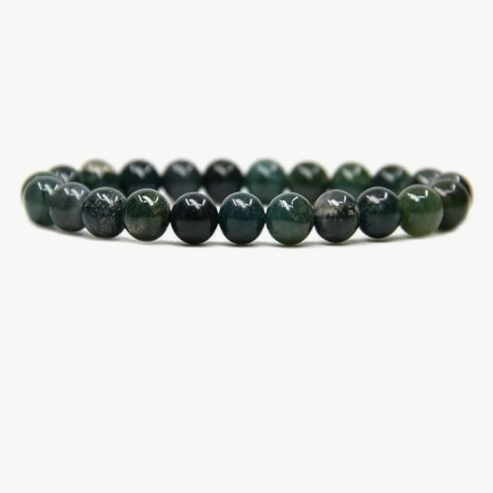 Agatesvibe Handmade Semi-Precious Gemstone Beaded Bracelet – 8mm Round Stretch Bracelet (7") for Unisex (Pack of 1) (Moss Agate)
