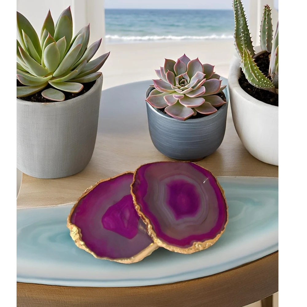 Agatesvibe Brazilian Agate Stone Coaster Beautiful Coaster Fit for Tea Cups Coffee Mugs and Glasses Perfect Table Accessories Tableware (Pack of 1) (Pink Agate Set of 2)
