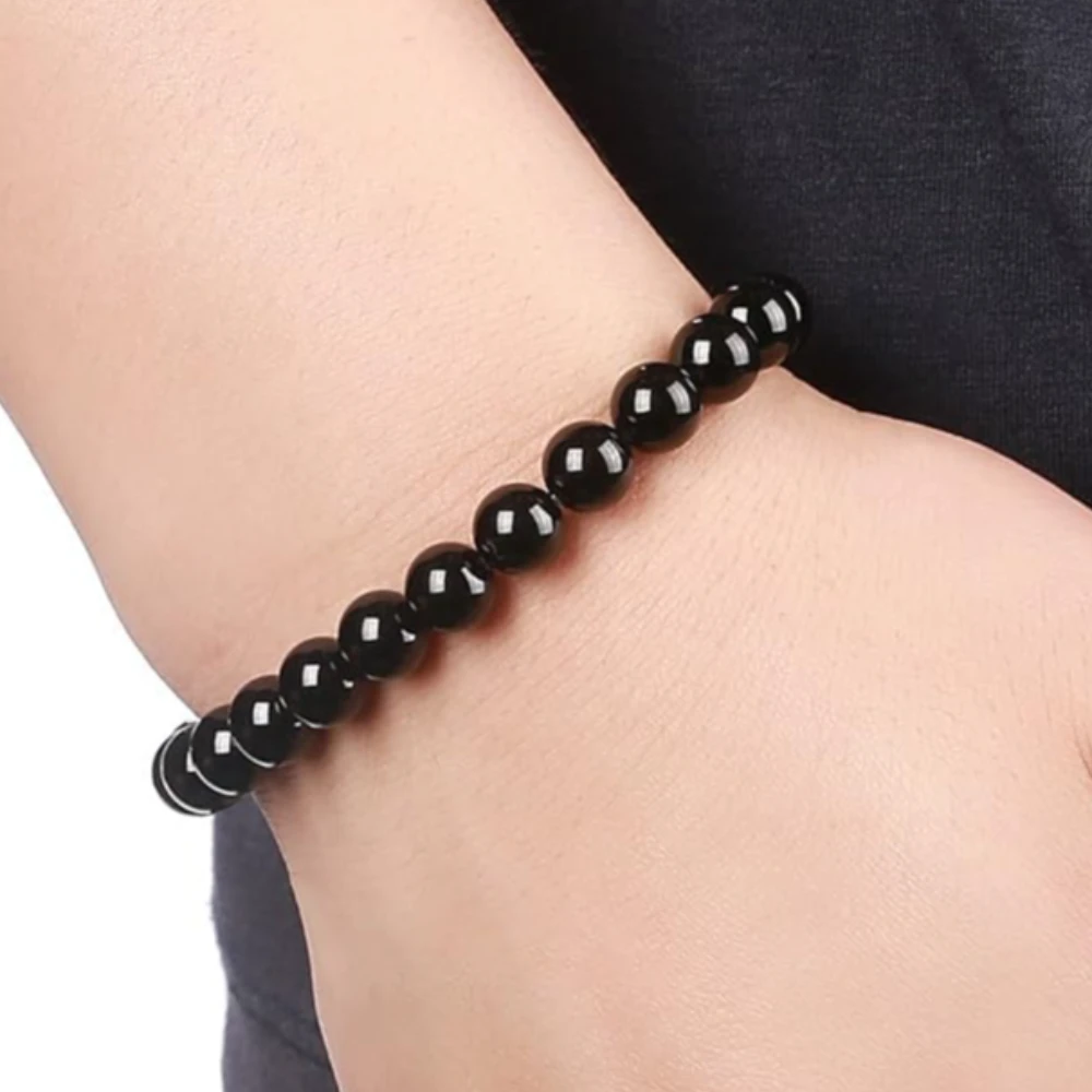 Agatesvibe "Men Women 8mm Natural Stone Beads Bracelet – Elastic Agate Yoga Healing Energy Bracelet Bangle – Unisex Boho Jewelry for Meditation & Balance (Black Agate)