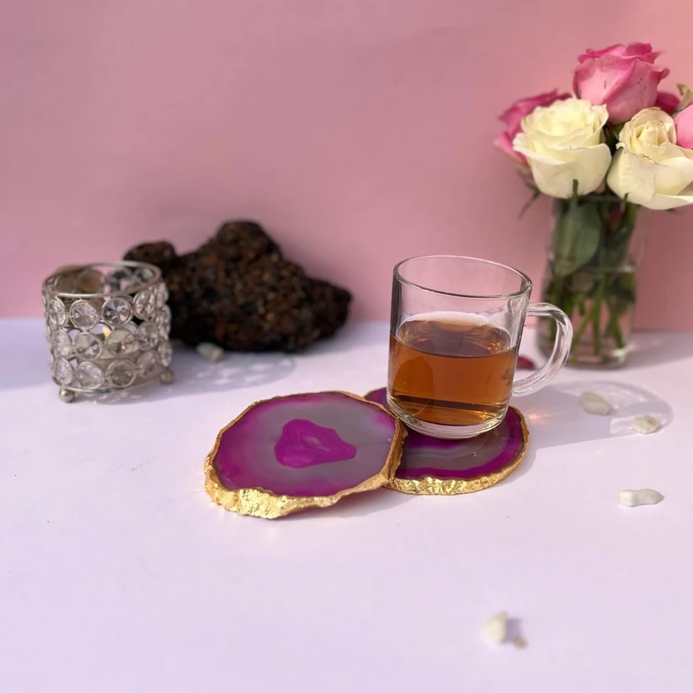 Agatesvibe Brazilian Agate Stone Coaster Beautiful Coaster Fit for Tea Cups Coffee Mugs and Glasses Perfect Table Accessories Tableware (5, Pink)