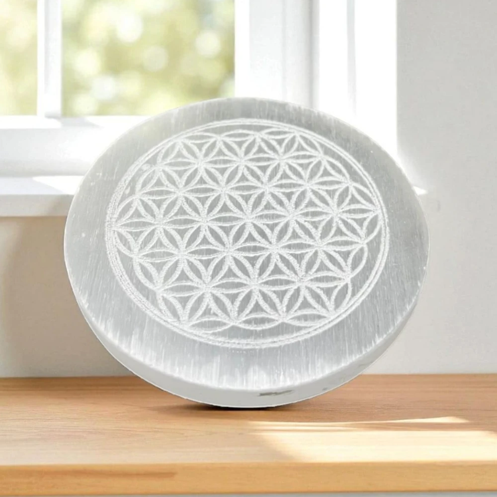 Agatesvibe Selenite Crystal Charging Plate – Engraved Sri Yantra Selenite Plate for Crystal Cleansing, Energy Recharging, & Pooja Rituals (Pack of 1) (Goddess, 3 Inch)