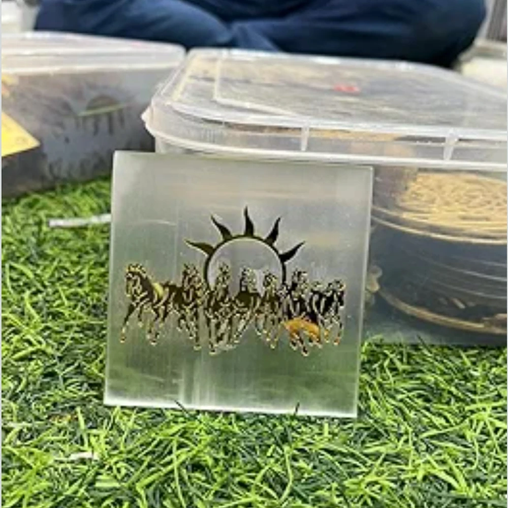 Seven Running Horses Vastu 3-4 Inch with Golden Artwork on Selenite-Style Crystal Plate | Symbol of Success Money Growth & Positive Energy | Elegant Home Office Decor Gift for Good Fortune