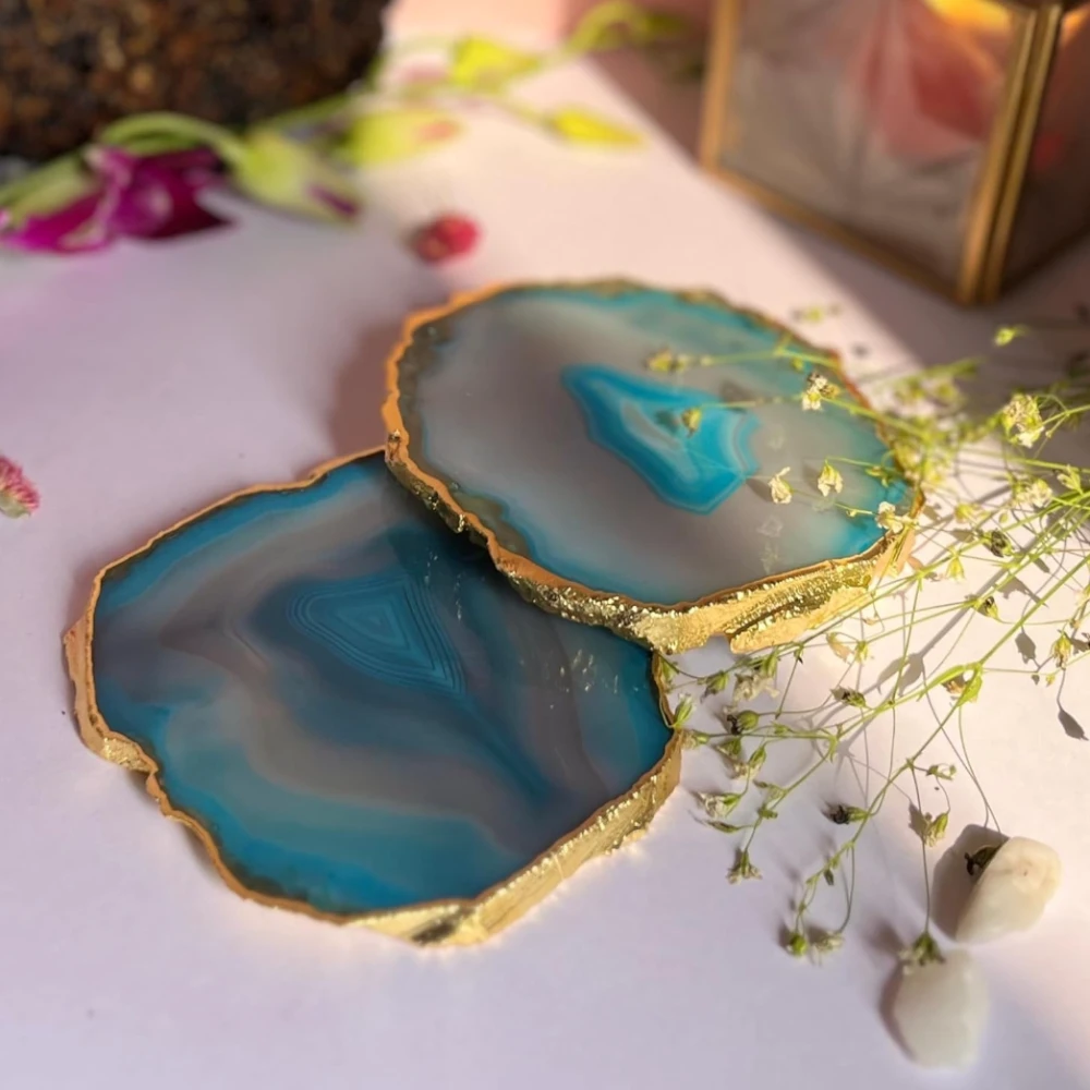 Agatesvibe Brazilian Agate Stone Coaster Beautiful Coaster Fit for Tea Cups Coffee Mugs and Glasses Perfect Table Accessories Tableware (Pack of 1) (Turquoise Agate Set of 2)