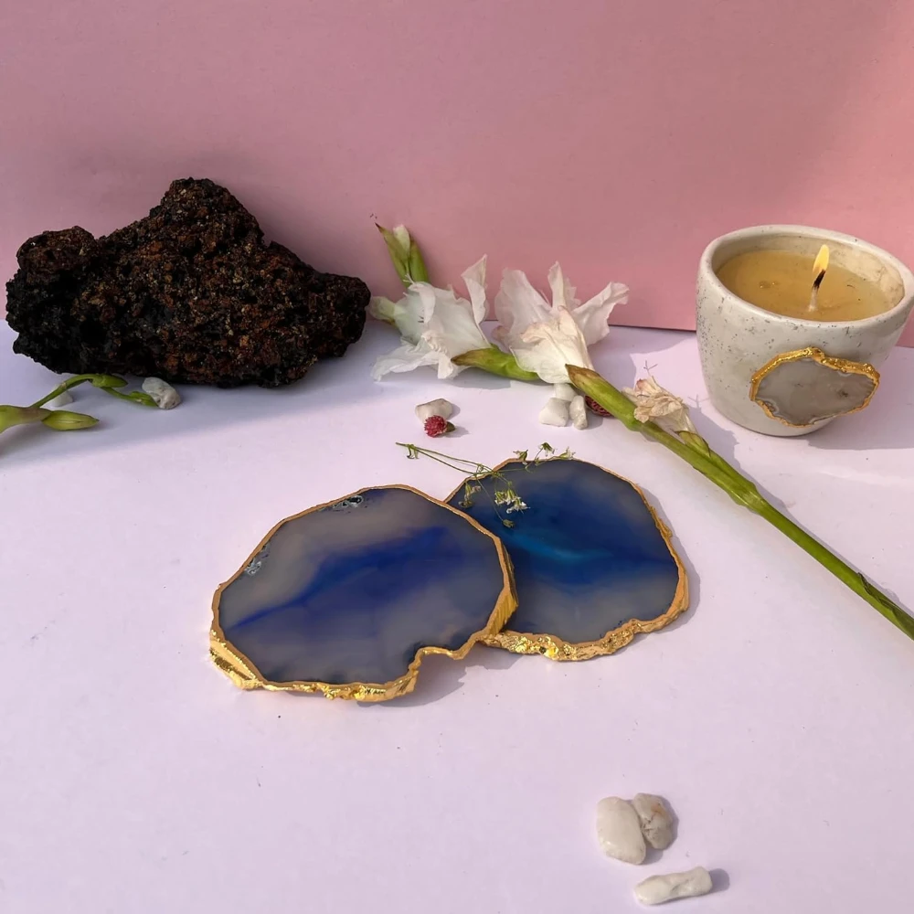 Agatesvibe Brazilian Agate Stone Coaster Beautiful Coaster Fit for Tea Cups Coffee Mugs and Glasses Perfect Table Accessories Tableware (Pack of 1) (Blue Agate Set of 2)