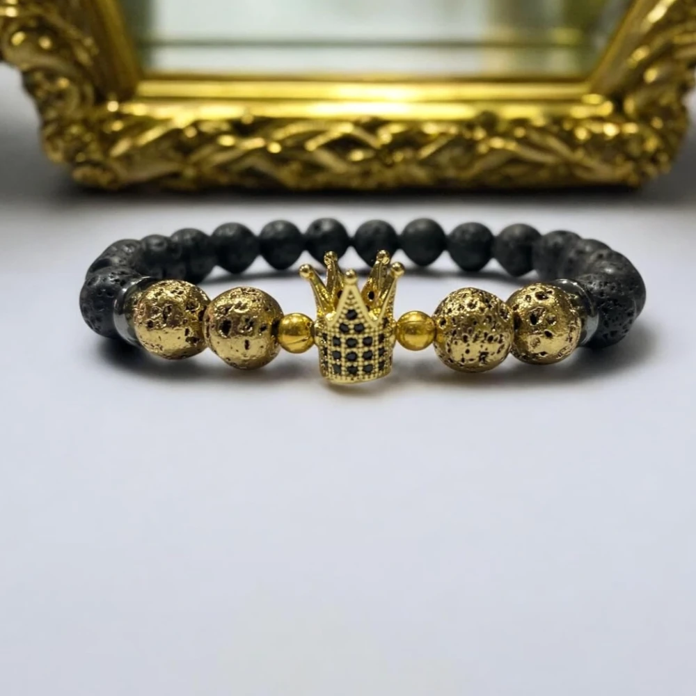 Agatesvibe Kings and Queens Golden and Silver Lava Stone Bracelets Drop your Favourite fragrance into Lava Stone and Gift that Your Loved One (Pack of 2)