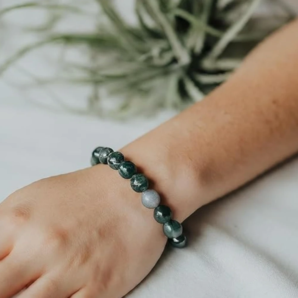 Agatesvibe Natural Certified 8mm Healing Crystal Bracelet | Unisex Stretchable Design | Chakra Balancing, Inner Peace & Abundance for Overall Well-being (Pack of 1) (Moss Agate)