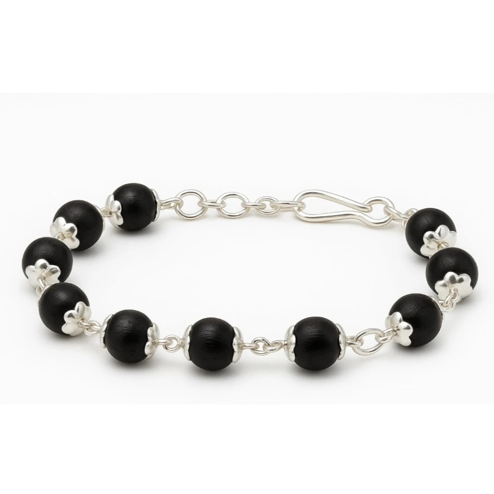 925 Silver Karungali Bracelet for Men & Women | Natural Ebony Wood Beads 7mm with Silver Capping | Adjustable Healing Bracelet with Length Extension Chain | Spiritual Protection Jewelry