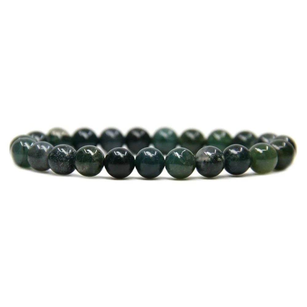 Agatesvibe Handmade Gem Semi Precious Gemstone 8mm Round Beads Stretch Bracelet 8mm Bead Size (Moss Agate)
