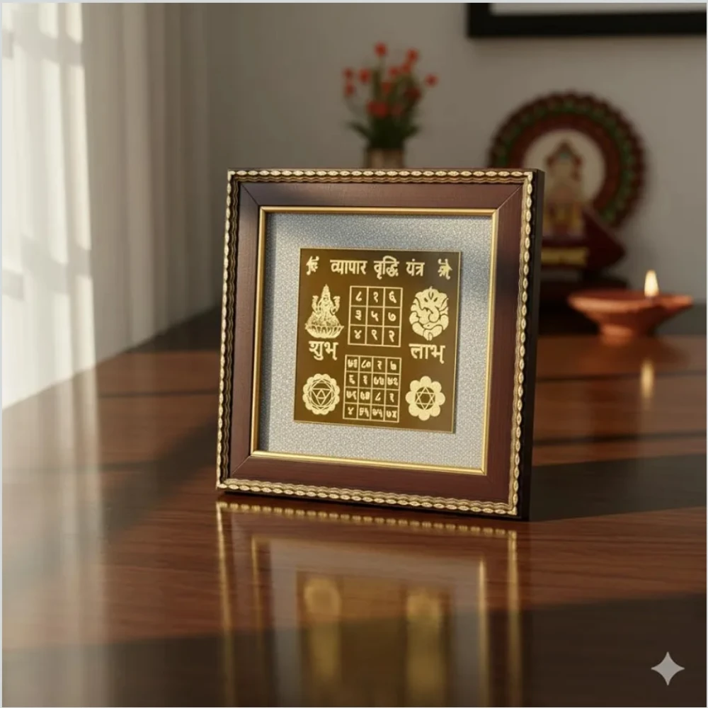 Agatesvibe Vyapar Vriddhi Yantra Pyrite Stone Frame with Sun | Wooden Vastu Wall Decor for Living Room | Original Pyrite Dust for Money, Prosperity, Protection & Chakra Healing, Success & Positive Energy