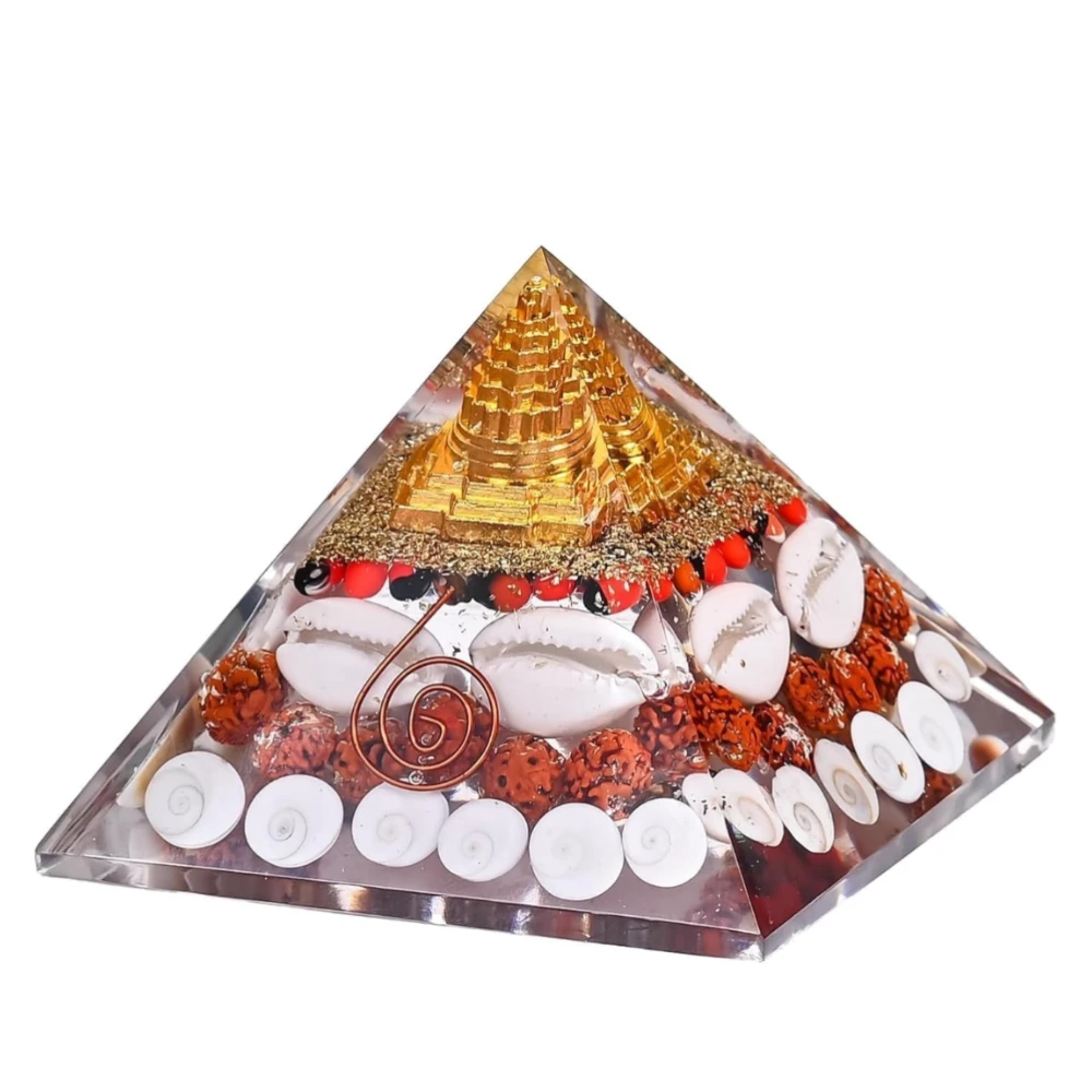 Agatesvibe Laxmi Pyramid 90mm Original Certified – Orgonite Shree Yantra Pyramid with Gomati Chakra, Rudraksha, Cowrie Kodi – Vastu Pooja Item for Home, Good Luck, Money & Wealth Attraction