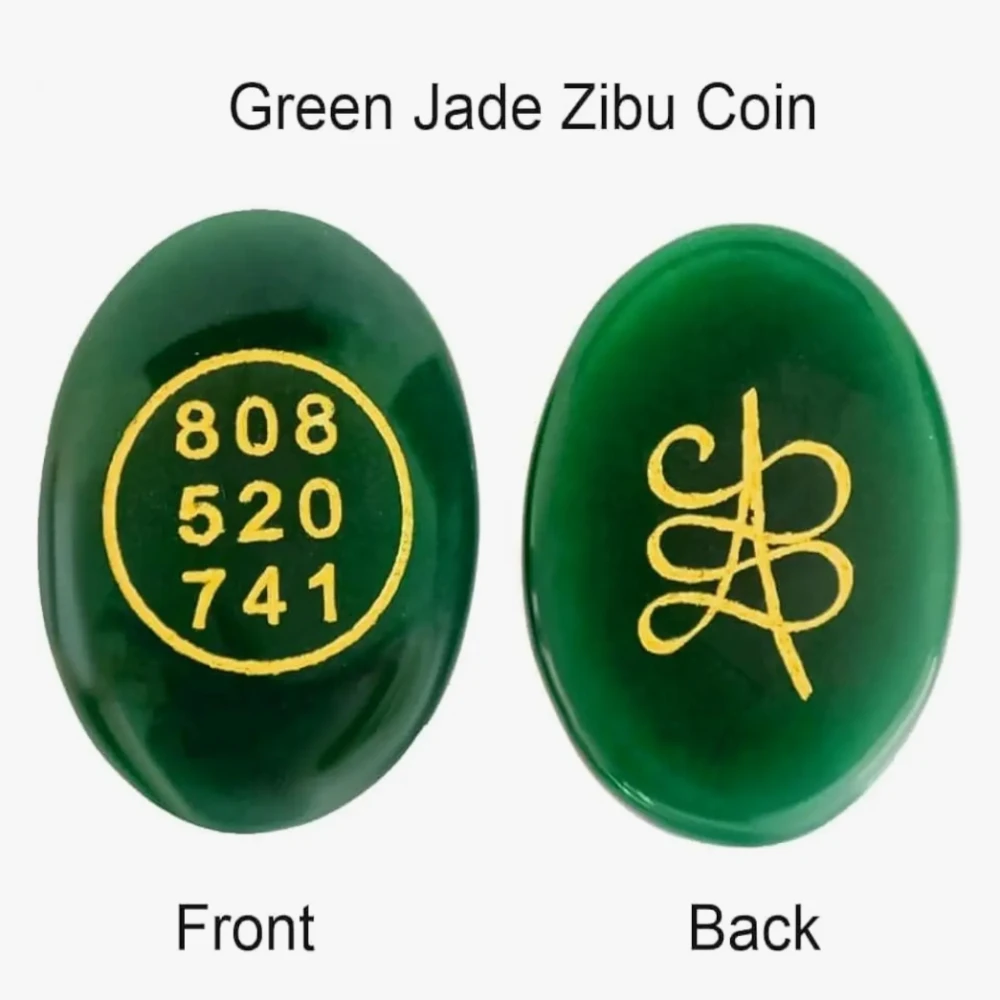 Agatesvibe Pyrite Zibu Coin Money Switch Word with Green Zibu Coin Angelic Number Oval Pocket Stones Polished Healing Crystal for Prosperity and Positive Energy (Set of 1) (Pyrite With Green)
