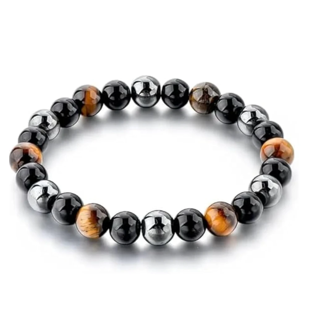Certified Original Triple Protection Bracelet – Hematite, Obsidian & Tiger Eye Crystal with Activation Card, Authenticity Certificate, Negative Energy Protection for Men & Women