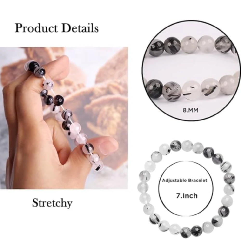 Agatesvibe Crystal Bracelet for Men & Women (8mm) | Gemstone Round Beads Bracelet for Girls | Elastic Casual Bracelet for Boys | Natural Reiki Feng Shui Healing Stone Bracelet for Unisex Adults (PAck of 1) (Black Rutilated)